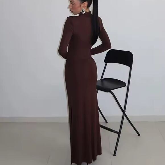 Dresses & Skirts - Long Sleeve Cutout Maxi Dress in Dark Brown